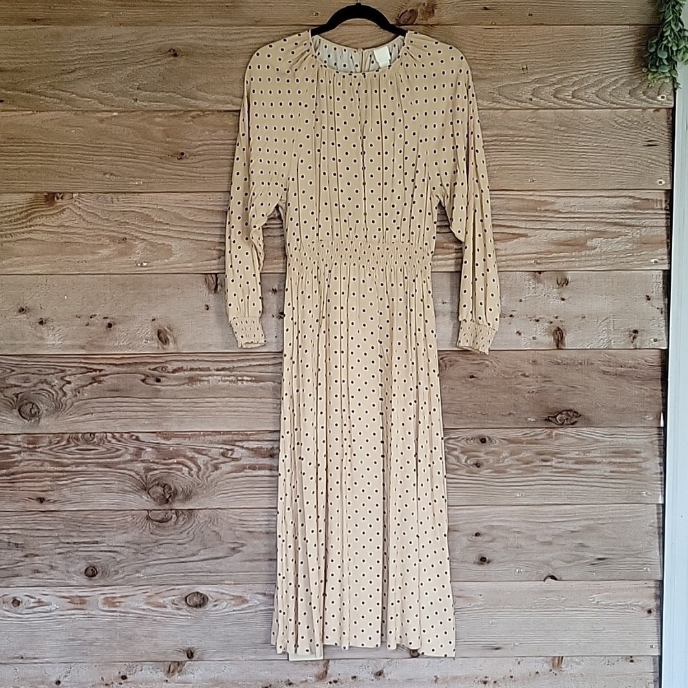 H&M Size XSmall Tan and Black Polka Dot Dress with Smocking